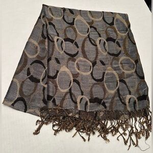 Authentic Pashmina Gray Brown Tan Oblong Rings Reversible With Fringe